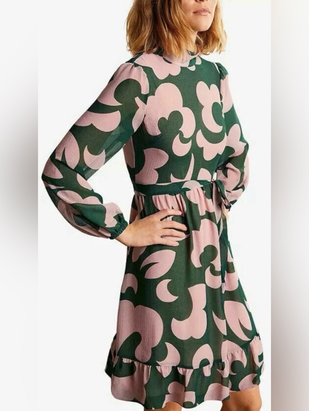 Boden Lottie Green Pink A Line Ruffle Hem Belt Knee Length Abstract Print Dress